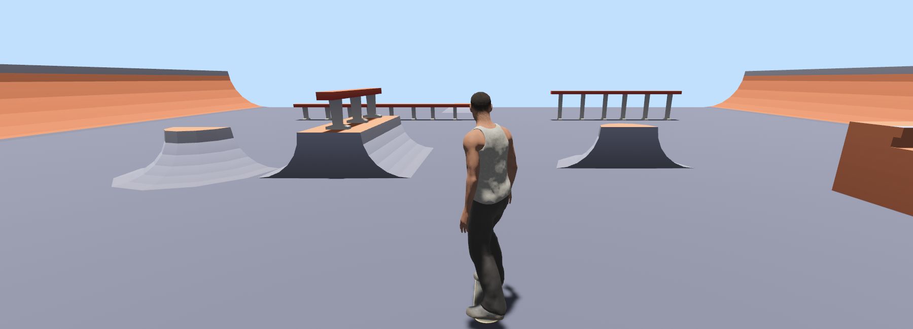 Skater standing among ramps and rails in the KenneyPark practice map